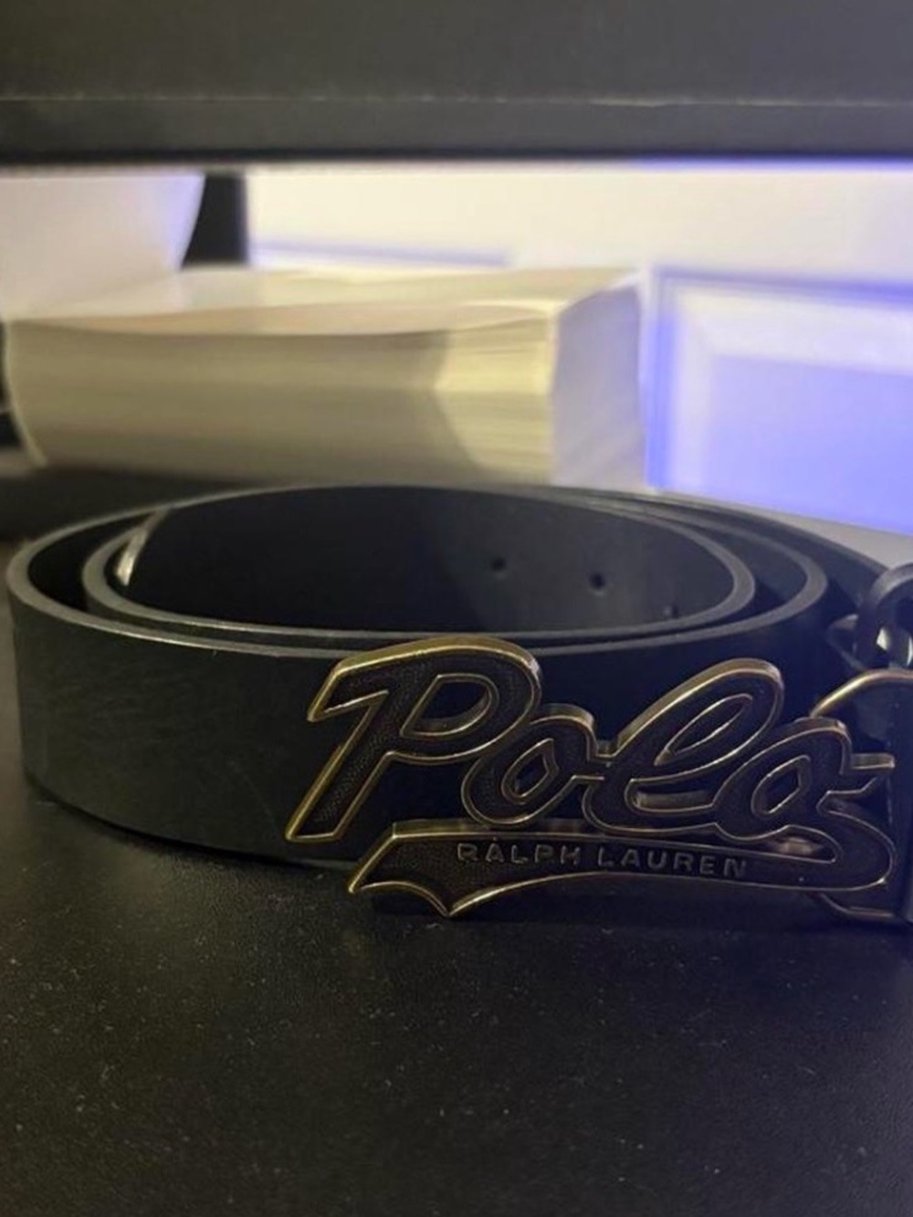 Polo Ralph Lauren Logo Script Spell out Silver Buckle Black Leather Belt Mens 36